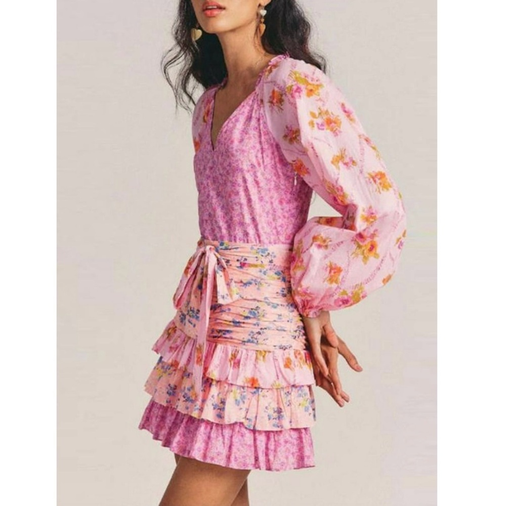Boho Pink Long Sleeve V Neck Layered Ruffle Floral Summer Fairy Mini Dress M
